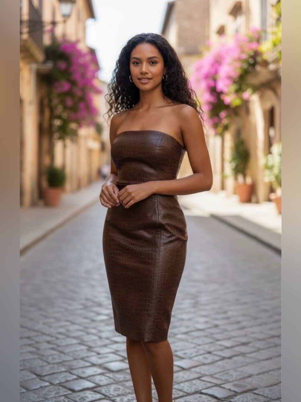 7 For All Mankind Brown Faux Croc Pencil Midi Skirt Vegan Leather
